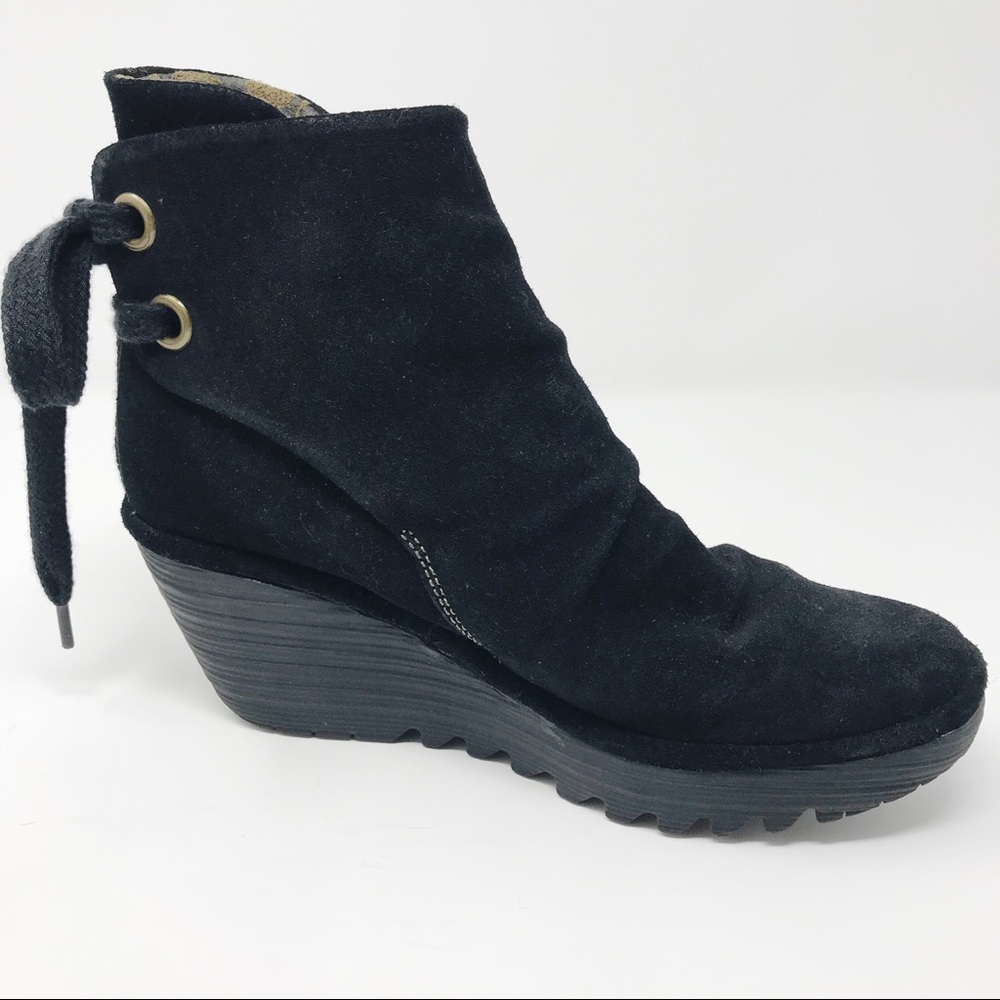 Fly London Yama Black Suede Wedge Ankle Boots 38